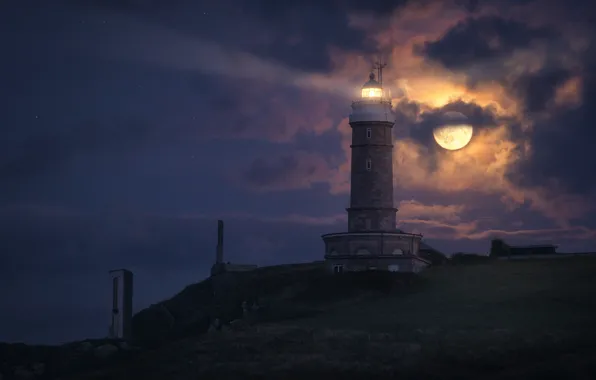 Picture clouds, lighthouse, The moon, moon, clouds, lighthouse