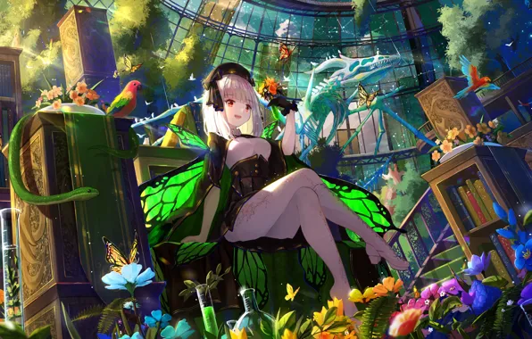 Picture girl, butterfly, snake, wings, fantasy, parrot, greenhouse
