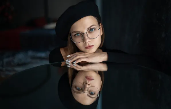 Picture look, glass, girl, face, reflection, the dark background, table, hand, portrait, glasses, blue eyes, takes, …