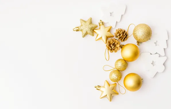 Picture balls, holiday, toys, white background, New year, golden, Christmas, decoration, Valeria Maksakova