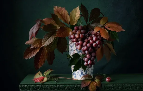 Picture leaves, table, bouquet, grapes, vase, still life