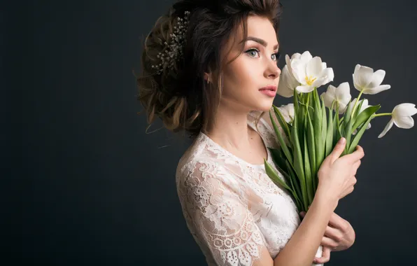 Picture look, girl, flowers, pose, the dark background, white, portrait, bouquet, hands, makeup, dress, hairstyle, tulips, …