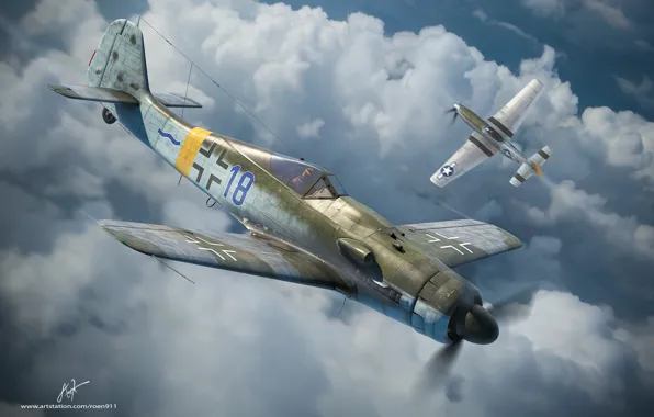 Picture fighter-monoplane, Focke-Wulf, Luftwaffe, German single-seater single piston, Antonis (rOEN911) Karidis, FW-190 D-9, Blue 18
