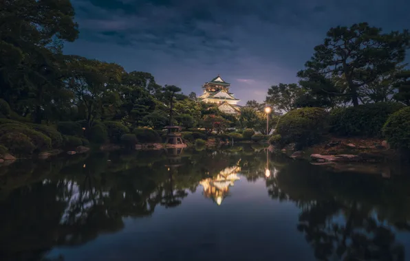 Picture night, reflection, shore, Japan, Asia, pagoda, pond, Osaka