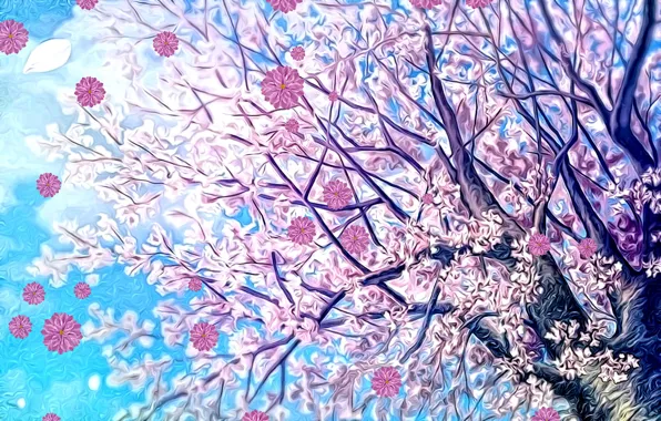 Picture the sky, flowers, rendering, background, fantasy, tree, branch, spring, art, picture, cherry blossoms, spring wind