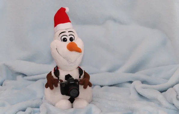 Picture winter, smile, holiday, toy, Christmas, the camera, New year, blanket, snowman, plaid, light background, cap, …