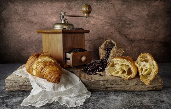 Picture coffee, still life, coffee beans, napkin, croissants, pouch, coffee grinder, cutting Board