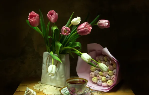 Picture flowers, holiday, tea, bouquet, Cup, tulips, vase, table, March 8, Tatiana Fedenkova
