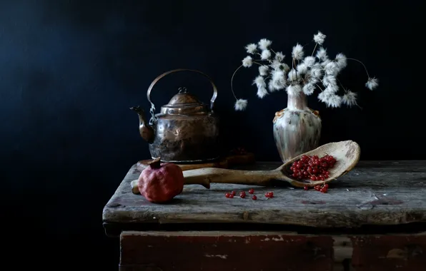 Picture flowers, style, retro, berries, the dark background, table, bouquet, kettle, spoon, vase, old, still life, …