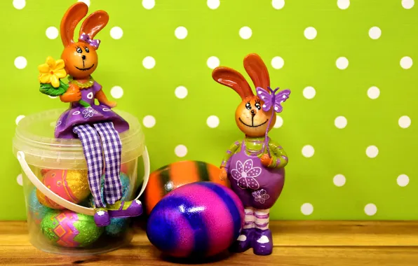 Picture holiday, toys, eggs, spring, polka dot, candy, Easter, rabbits, a couple, figures, green background, bucket, …