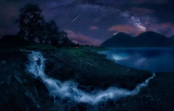 Picture trees, mountains, night, lake, waterfall, the milky way, cascade, starry sky