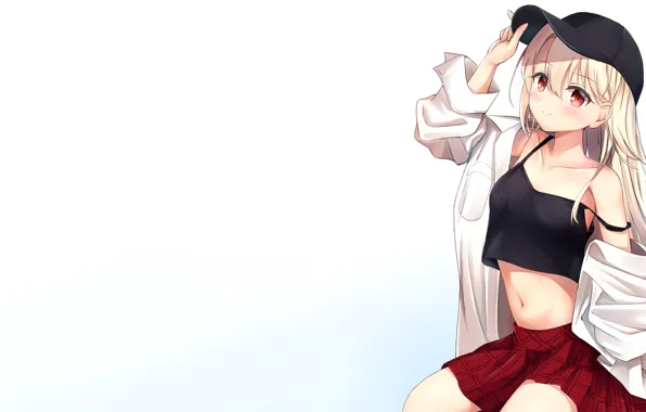Picture blouse, anime, red eyes, cap, white hair, short skirt