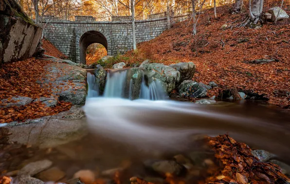 Picture autumn, bridge, stones, waterfall, arch