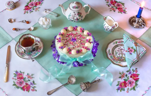 Picture flowers, style, tea, candle, plate, Easter, knife, mug, tape, Cup, cake, sugar, bow, tablecloth, napkin, …