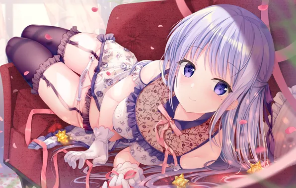 Picture girl, sexy, lingerie, cleavage, panties, thighhighs, long hair, boobs, anime, beautiful, purple eyes, pretty, baby …