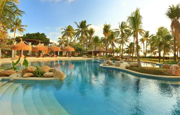 Picture the sun, palm trees, pool, Indonesia, resort, Bali, Mandira beach resort, Kuta
