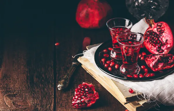 Picture the dark background, table, Board, books, grain, glasses, juice, alcohol, knife, cocktail, fabric, drink, fruit, …