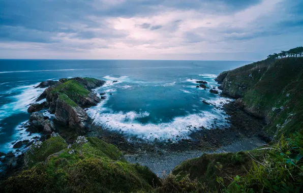 Picture sea, the sky, grass, clouds, stones, rocks, shore, coast, vegetation, horizon, green, surf, blue, Spain, …