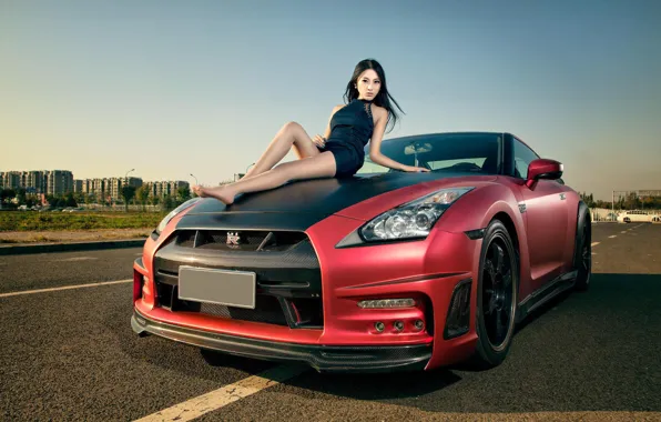 Picture auto, look, Girls, Nissan, beautiful girl, posing on the hood of the car