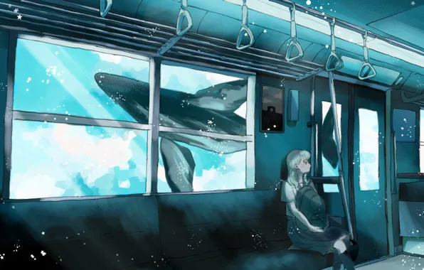 Picture train, schoolgirl, under water