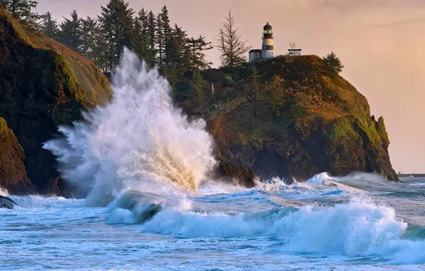 Picture storm, rocks, lighthouse, USA, Washington, Cape Disappointment