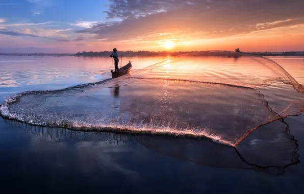 Picture sunset, network, lake, fishing