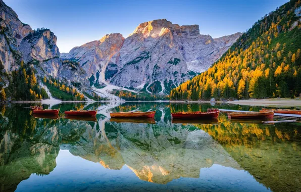 Picture landscape, mountains, nature, lake, reflection, boats, Italy, forest, The Dolomites, The lake of Braies, Braies