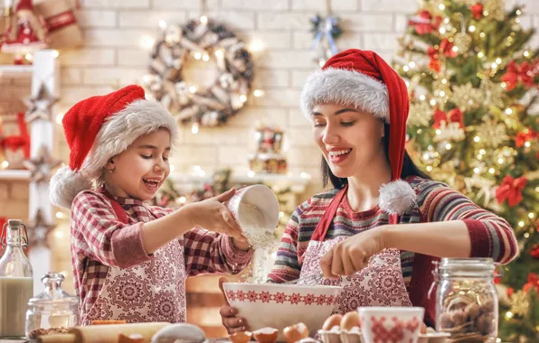 Picture happiness, tree, kitchen, girl, New year, mom, New Year, cook