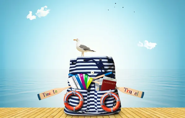 Picture sea, card, the sky, clouds, birds, vacation, Seagull, pier, horizon, bag, paddles, lifebuoys, passport, 3D …