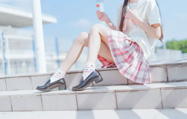 Picture legs, pink, model, asian, babe, photoshoot, skirt, uniform, steps, lollipop, chic, midday