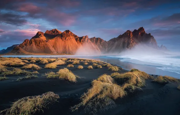 Picture mountains, shore, Iceland