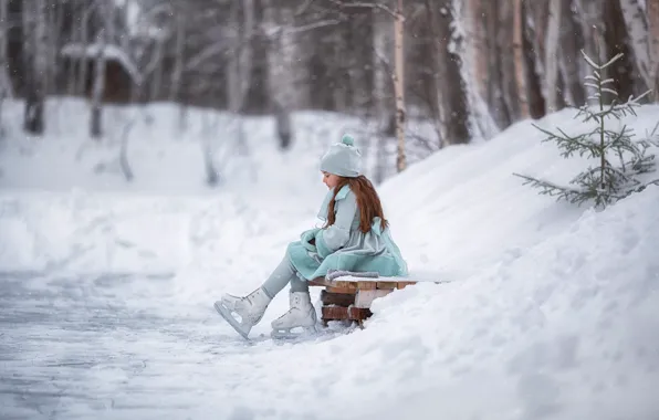 Picture winter, snow, trees, nature, girl, rink, child, skates, Anastasia Barmina, Anastasia Barmina