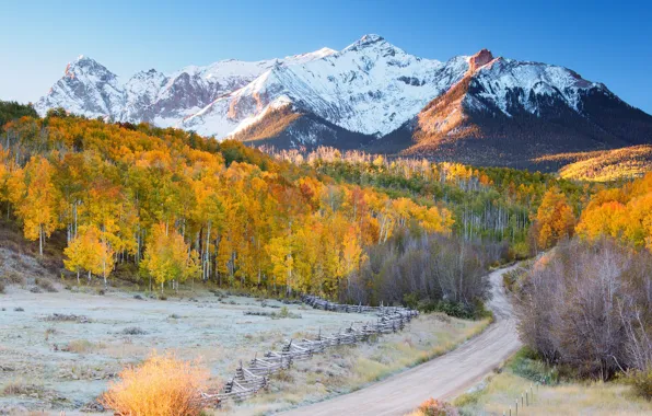 Picture road, autumn, forest, mountains, snowy peaks