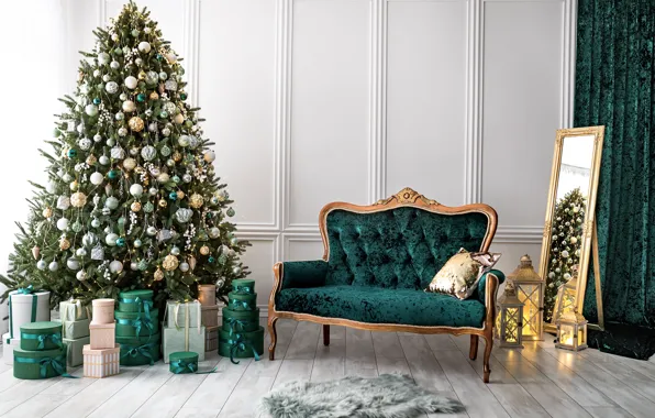 Picture sofa, tree, interior, House, mirror, Star, Christmas, gifts, New year, Tree, Фотостудия Artroom