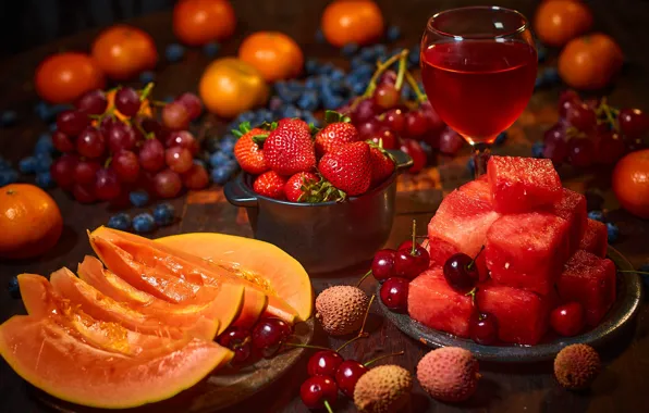 Picture berries, wine, glass, watermelon, strawberry, grapes, fruit, cherry, melon, tangerines, lychee, abundance, Вячеслав Владимирович
