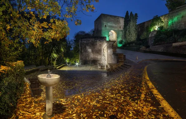 Picture road, autumn, leaves, trees, night, lights, wall, arch, Spain, the bushes, Palace, Alhambra, Granada