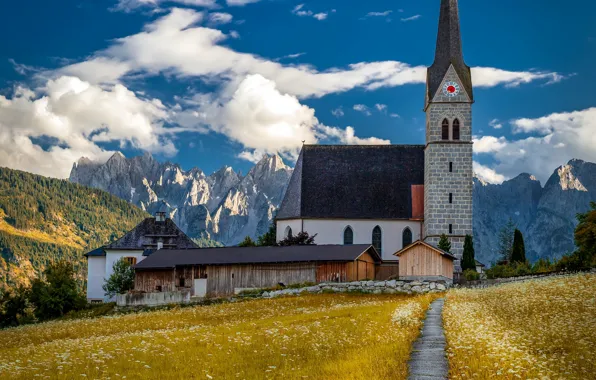 Picture clouds, landscape, mountains, nature, Austria, Alps, track, Church, Alexandr Bezmolitvenny