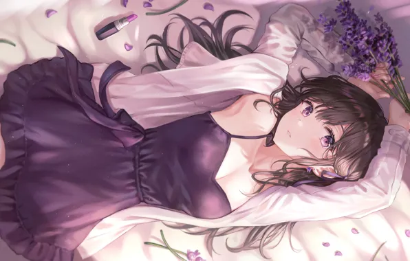 Picture lipstick, girl, black dress, long hair, a bunch, lavender, white blouse, lying on her back, …