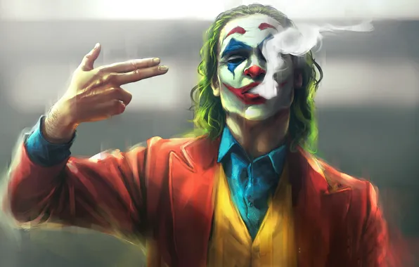 Picture smoke, Joker, gesture, comics, character, Joker, blurred background, makeup, рука как пистолет, with hand as …