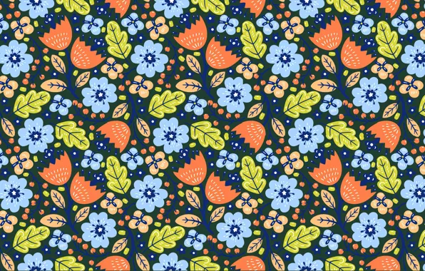Picture leaves, flowers, background, pattern, texture, blue, green, orange, ornament, повторение