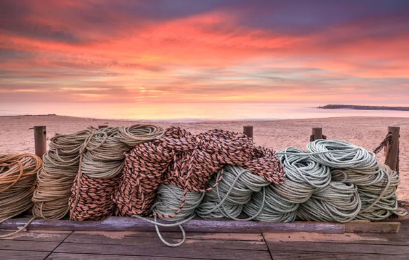 Picture sea, sunset, shore, ropes