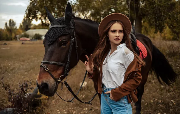 Picture girl, pose, horse, horse, jacket, hat, Alina Bozhko, Kristina Stepanova