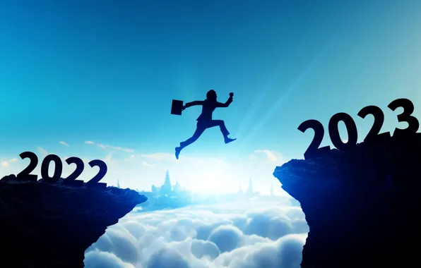 Picture The sky, Clouds, Rocks, New Year, Jump, Silhouette, Guy, Symbol, New Year, 2023