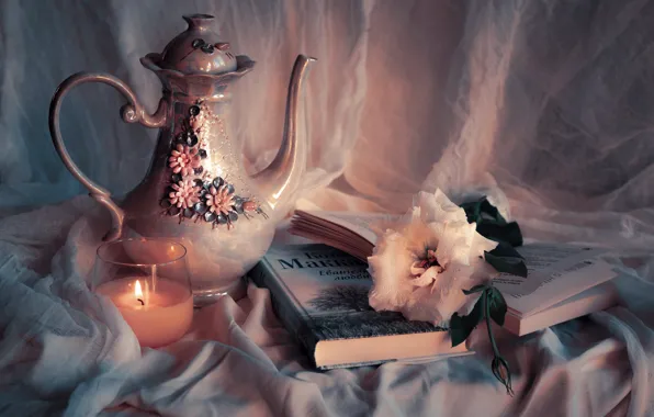 Picture flower, books, candle, fabric, coffee pot