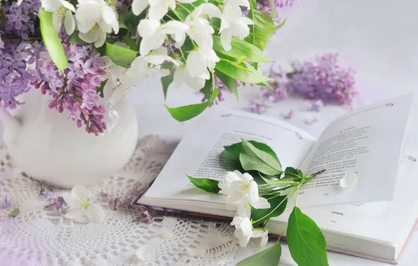 Picture flowers, table, bouquet, spring, book, still life, lilac, napkin, Apple blossoms