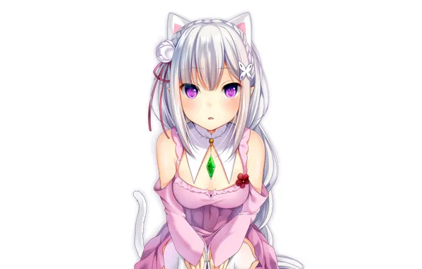 Picture silver, girl, sexy, cleavage, long hair, dress, boobs, anime, beautiful, pretty, breasts, Emilia, attractive, handsome, …