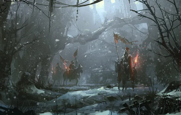 Picture Winter, Night, Figure, Snow, Forest, Warrior, Horse, Art, Art, Army, War, Zudarts Lee, by Zudarts …