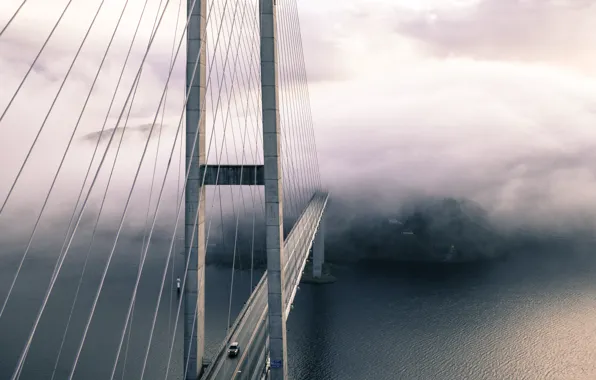 Picture car, city, forest, sea, ocean, landscape, bridge, water, fog, architecture, steel, suspension bridge, bridge in …