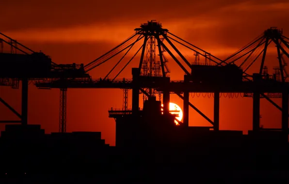 Picture Sunset, The sun, Port, Dawn, Silhouette, Crane, The ship, Cranes, by Pixabay, Pixabay