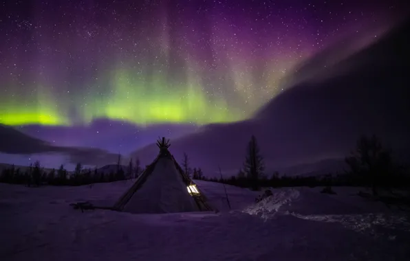 Picture winter, snow, landscape, night, Northern lights, Yamal, chum
